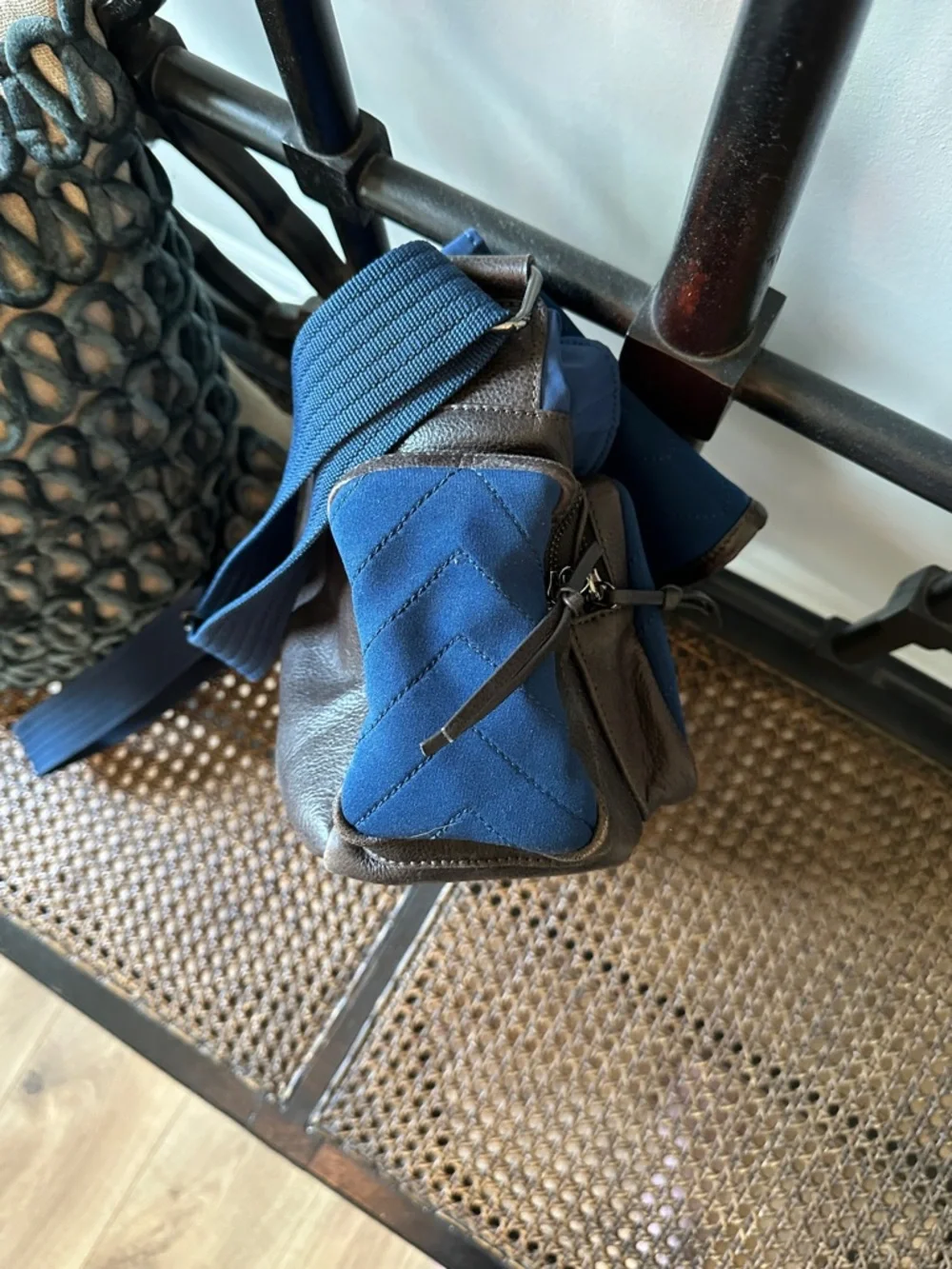 Harmont & Blaine Navy Blue quilted and Brown leather Messenger Bag